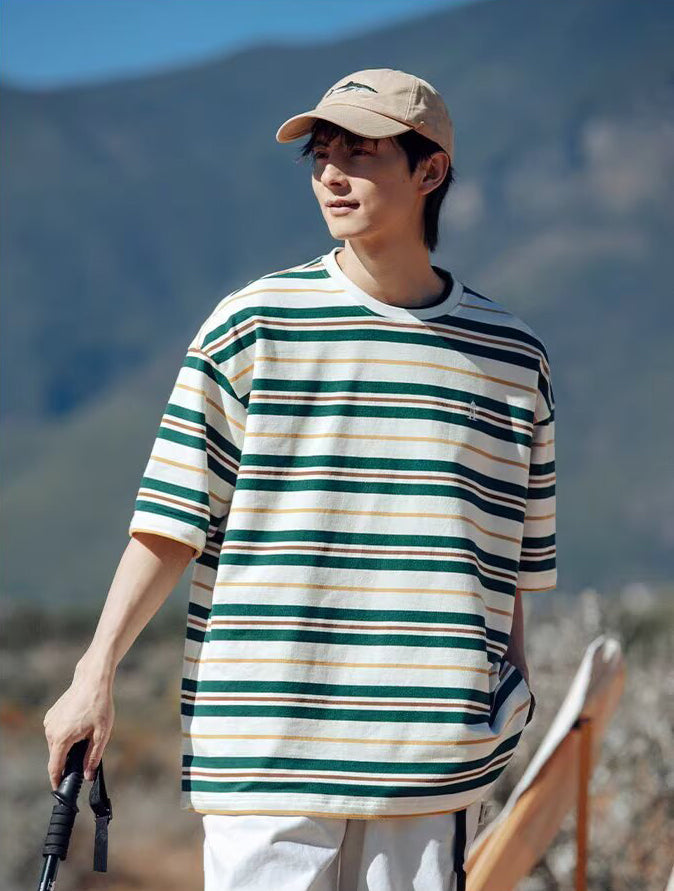 Striped Round Neck Drop Shoulder Sleeves T-shirt