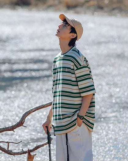 Striped Round Neck Drop Shoulder Sleeves T-shirt