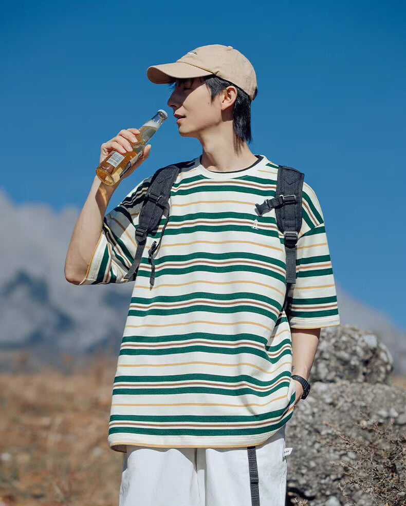 Striped Round Neck Drop Shoulder Sleeves T-shirt
