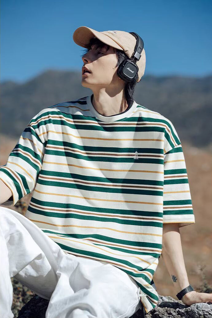 Striped Round Neck Drop Shoulder Sleeves T-shirt