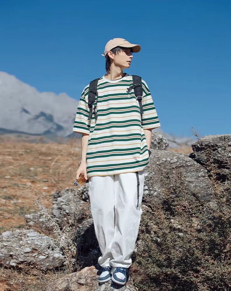 Striped Round Neck Drop Shoulder Sleeves T-shirt