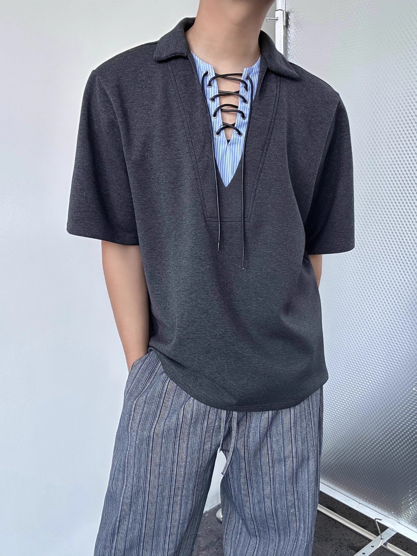 Men V-Neck Drop-Shoulder Sleeves T-shirt
