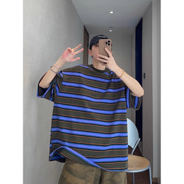 Striped Printed Round Neck Drop Shoulder Oversized T-shirt