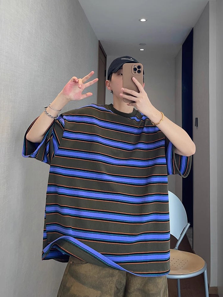 Striped Printed Round Neck Drop Shoulder Oversized T-shirt