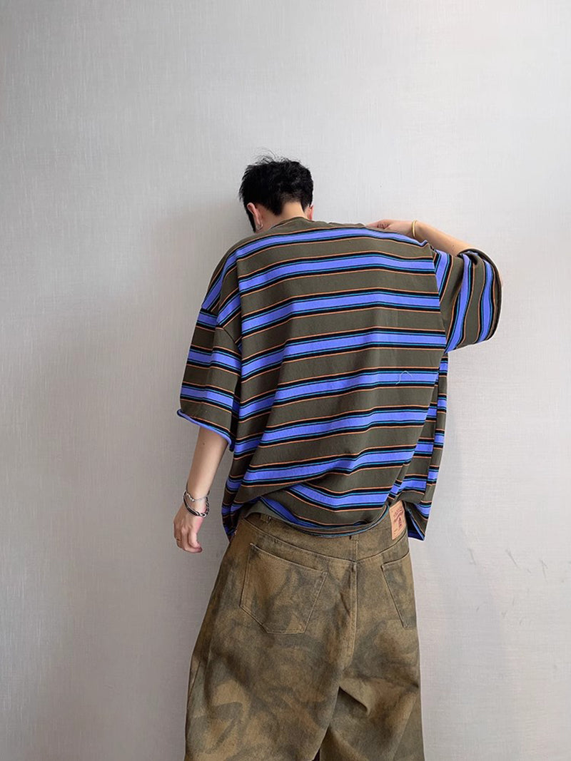 Striped Printed Round Neck Drop Shoulder Oversized T-shirt