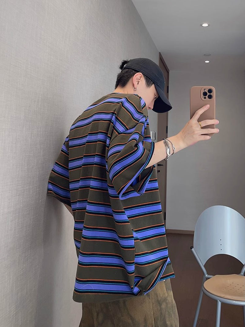 Striped Printed Round Neck Drop Shoulder Oversized T-shirt