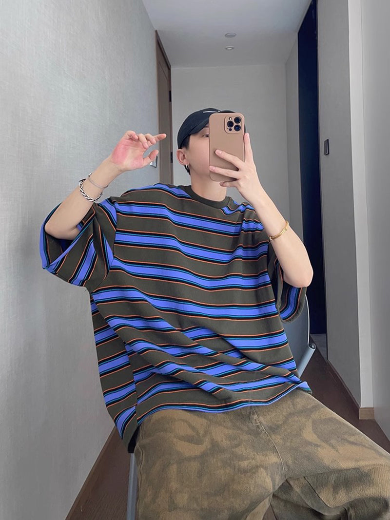 Striped Printed Round Neck Drop Shoulder Oversized T-shirt