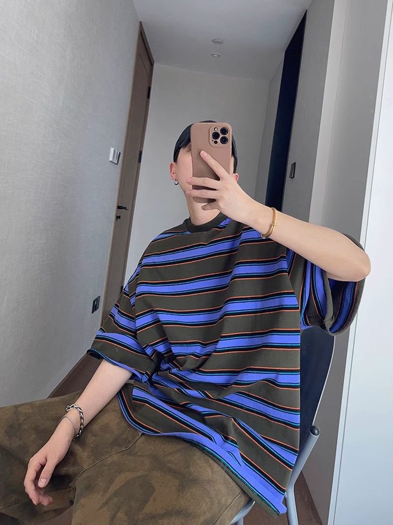 Striped Printed Round Neck Drop Shoulder Oversized T-shirt