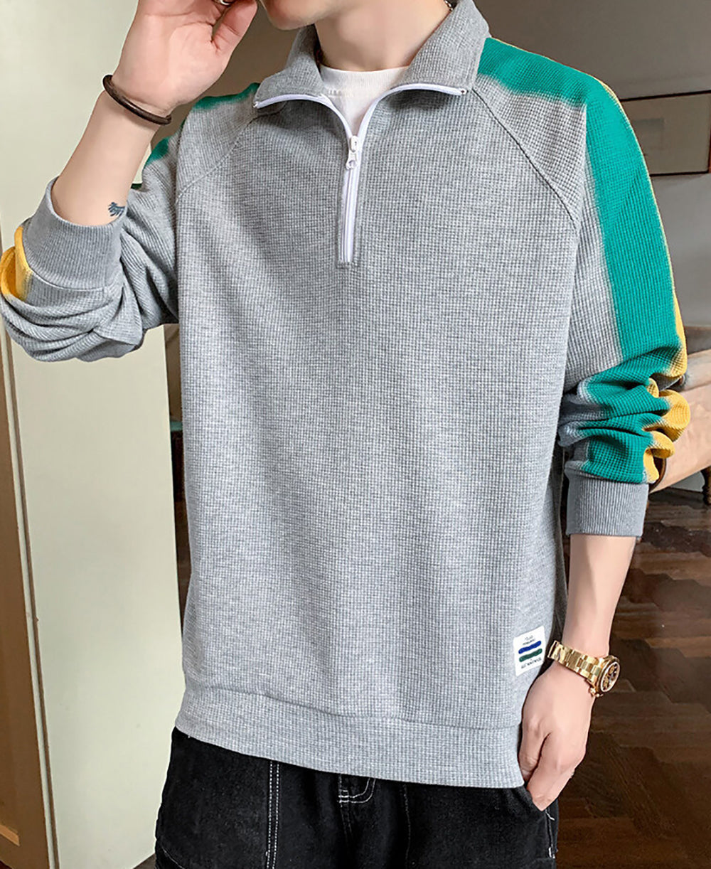 Men Colourblocked Shirt Collar Sweatshirt