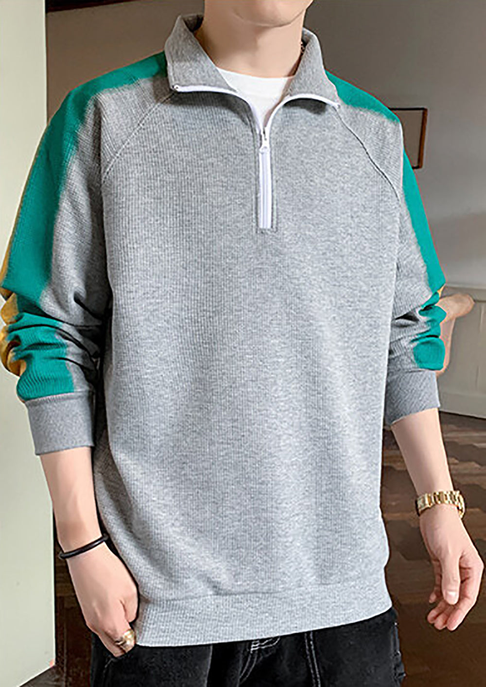 Men Colourblocked Shirt Collar Sweatshirt