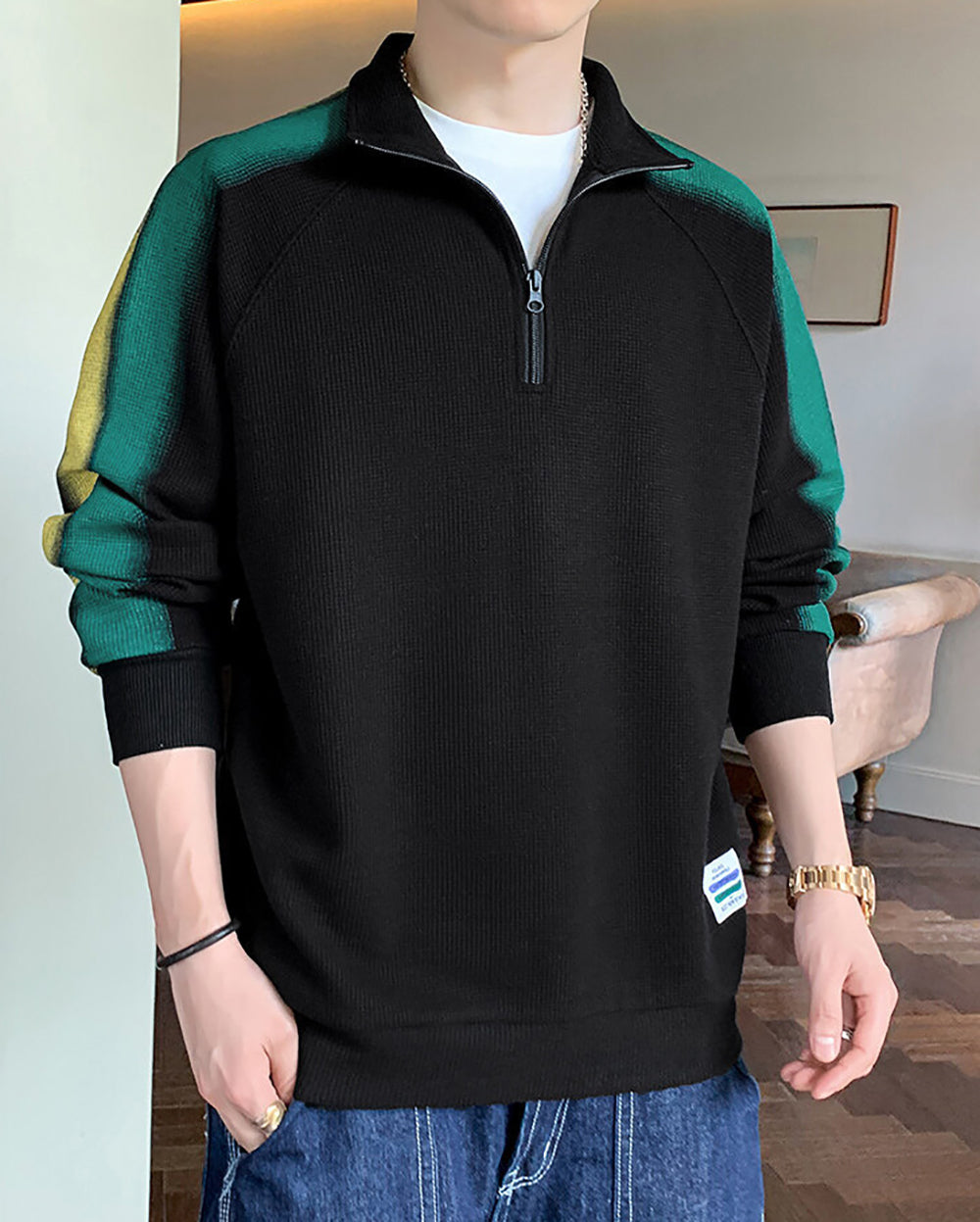 Men Colourblocked Shirt Collar Sweatshirt