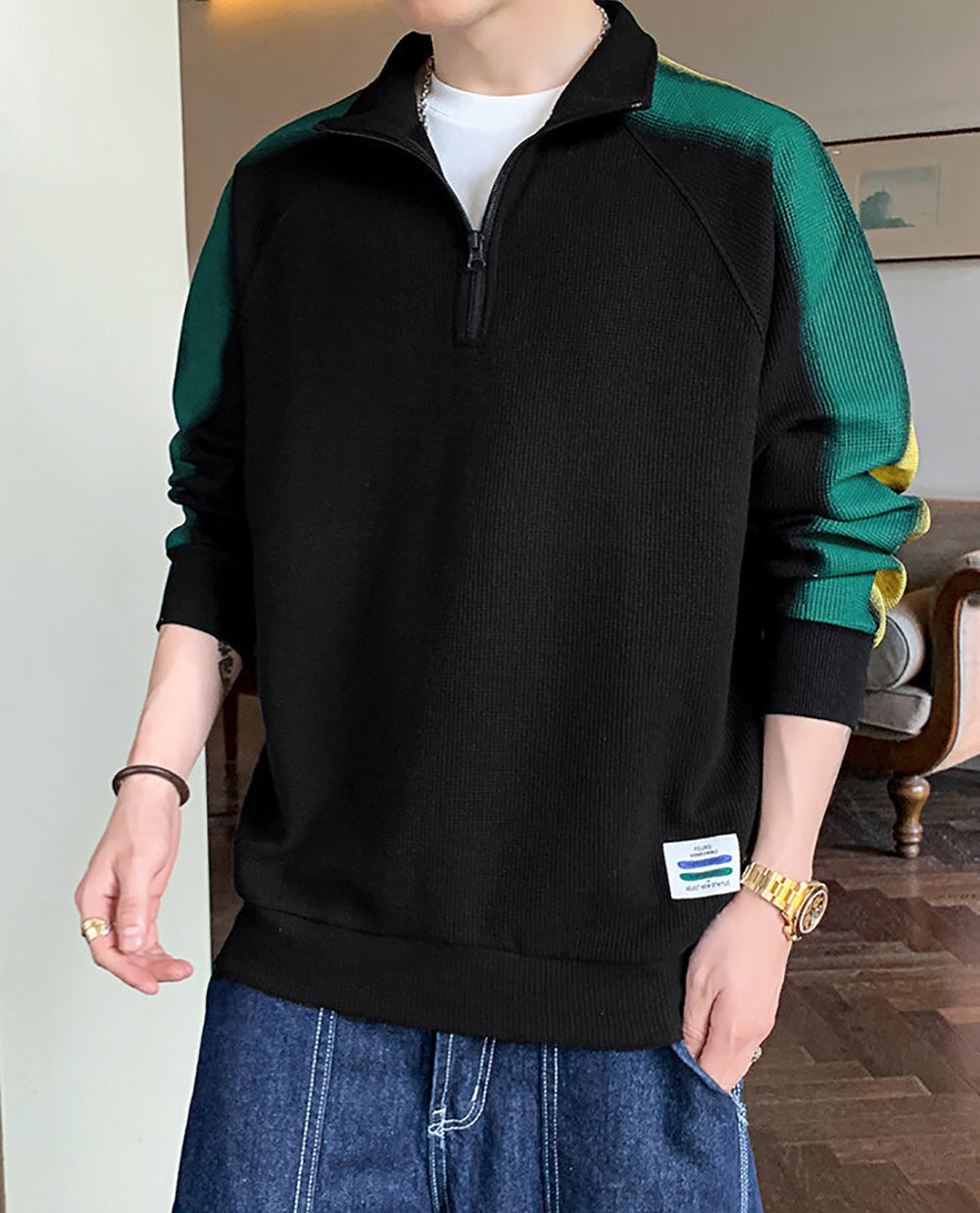 Men Colourblocked Shirt Collar Sweatshirt