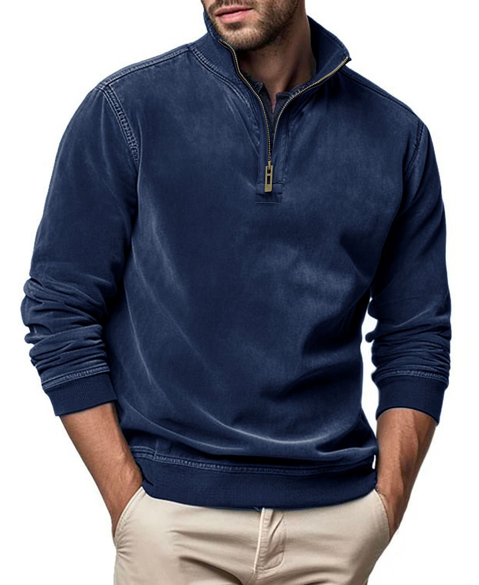Men Solid High Neck Half Zipper Sweatshirt