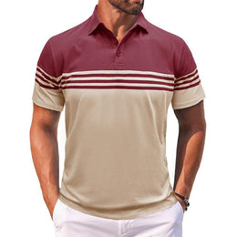 Men Striped Polo Collar Raw Edge T-shirt