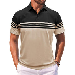 Men Striped Polo Collar Raw Edge T-shirt
