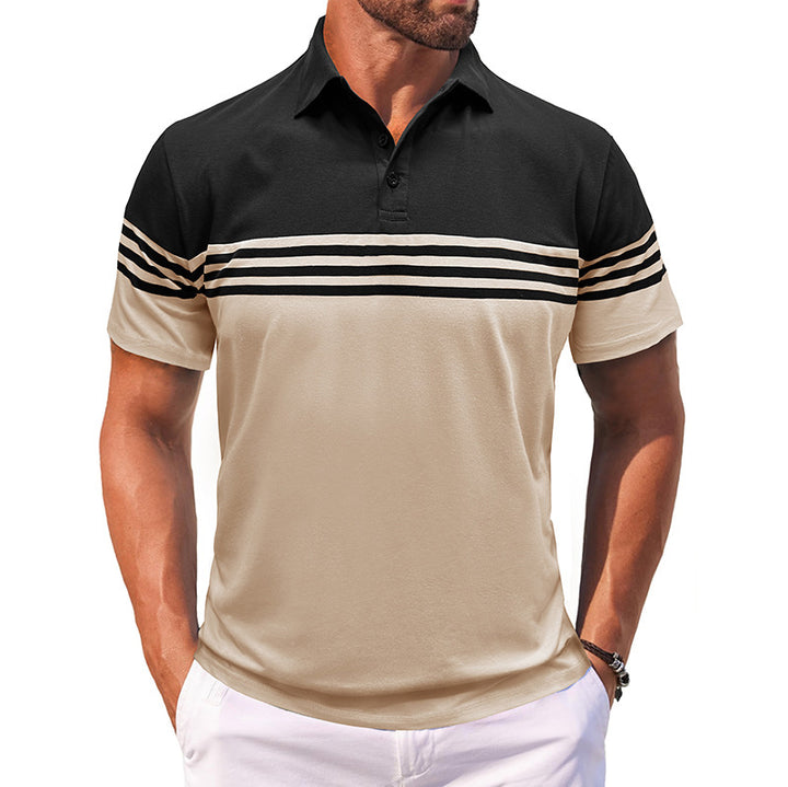 Men Striped Polo Collar Raw Edge T-shirt