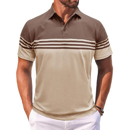 Men Striped Polo Collar Raw Edge T-shirt