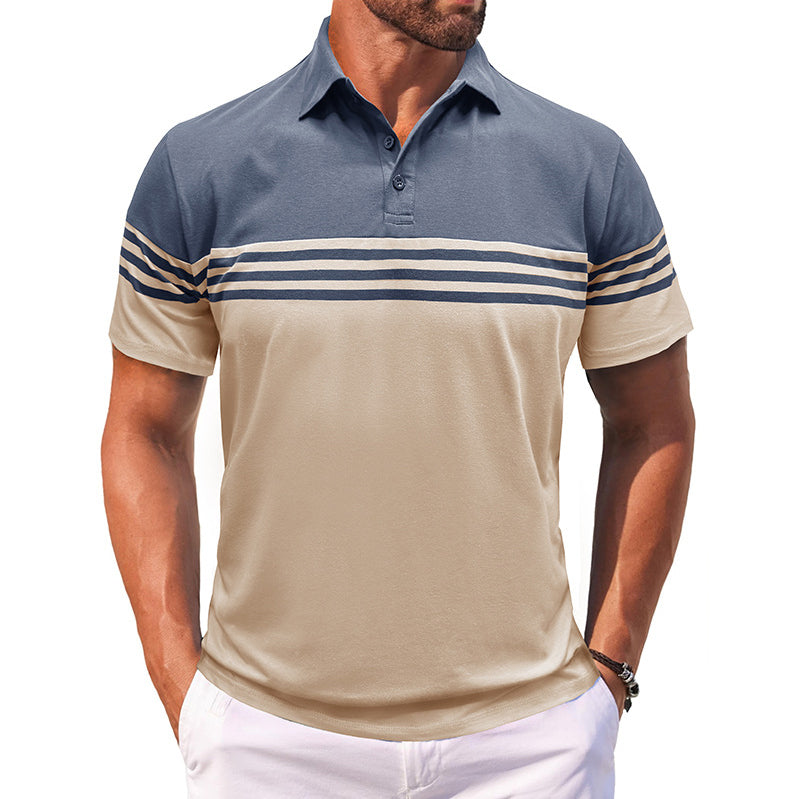 Men Striped Polo Collar Raw Edge T-shirt