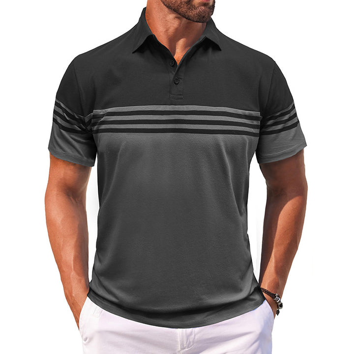 Men Striped Polo Collar Raw Edge T-shirt