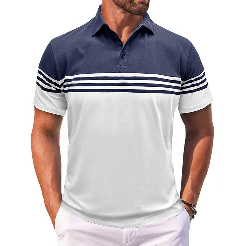 Men Striped Polo Collar Raw Edge T-shirt