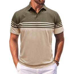 Men Striped Polo Collar Raw Edge T-shirt