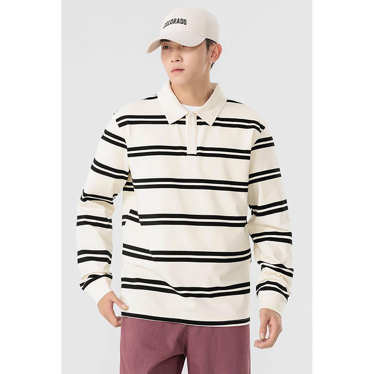 Men Striped Polo Collar Cotton Relaxed Fit T-shirt