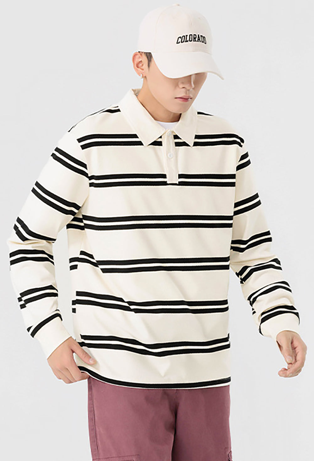 Men Striped Polo Collar Cotton Relaxed Fit T-shirt
