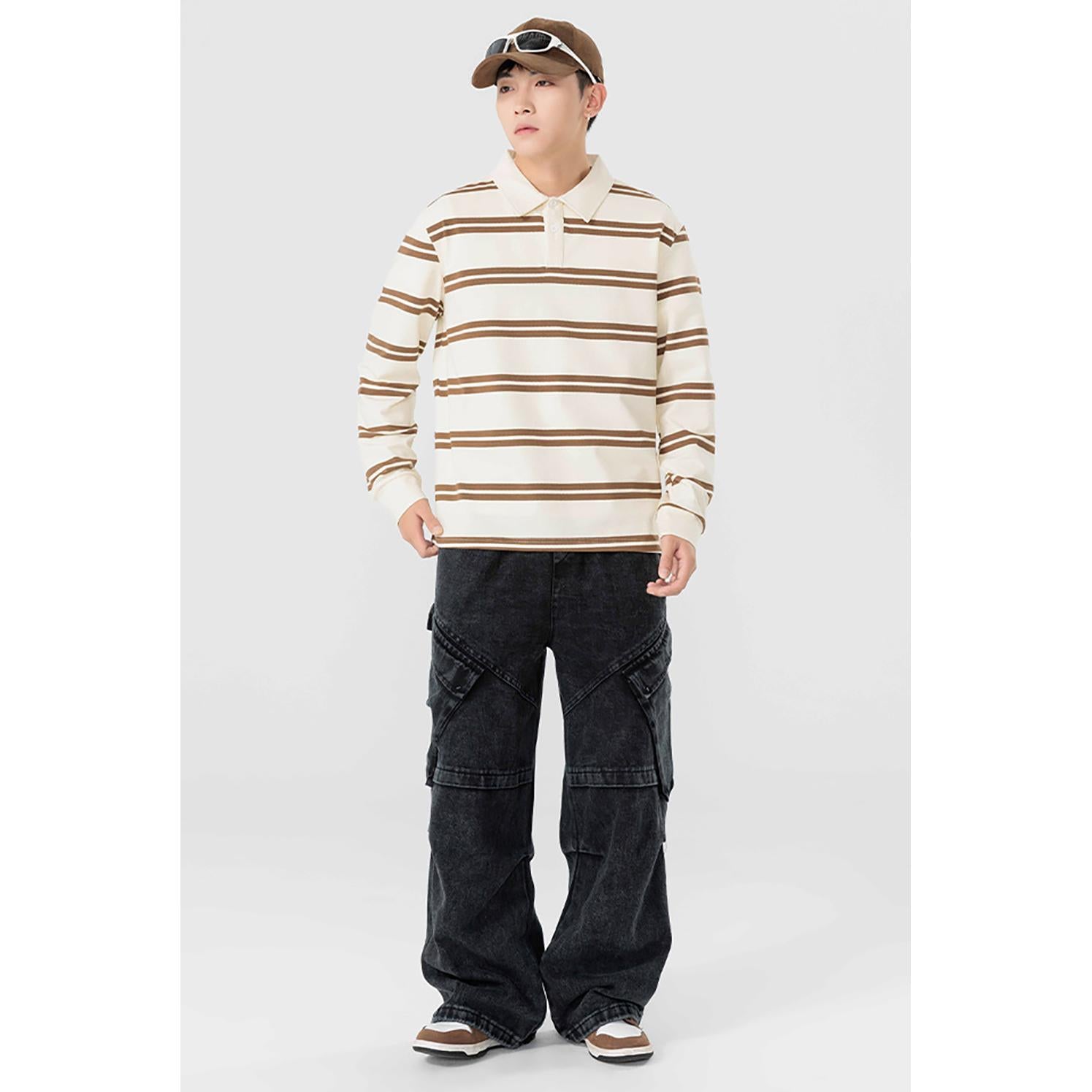 Men Striped Polo Collar Cotton Relaxed Fit T-shirt