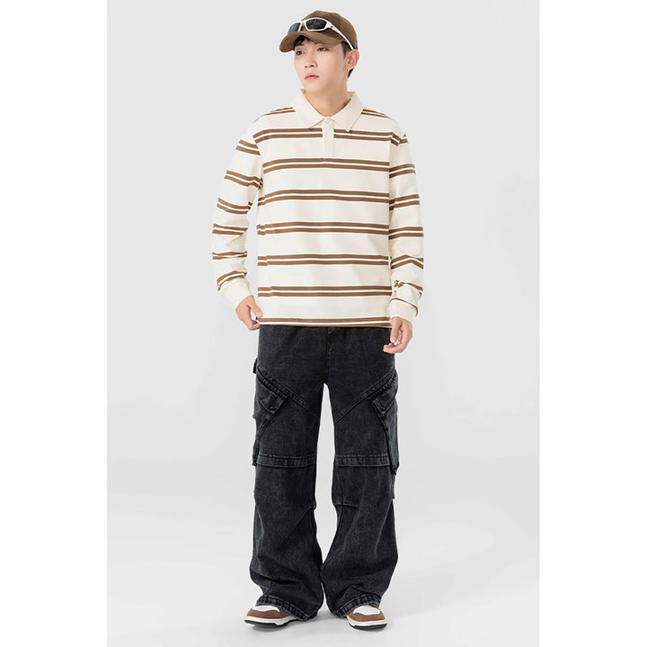 Men Striped Polo Collar Cotton Relaxed Fit T-shirt