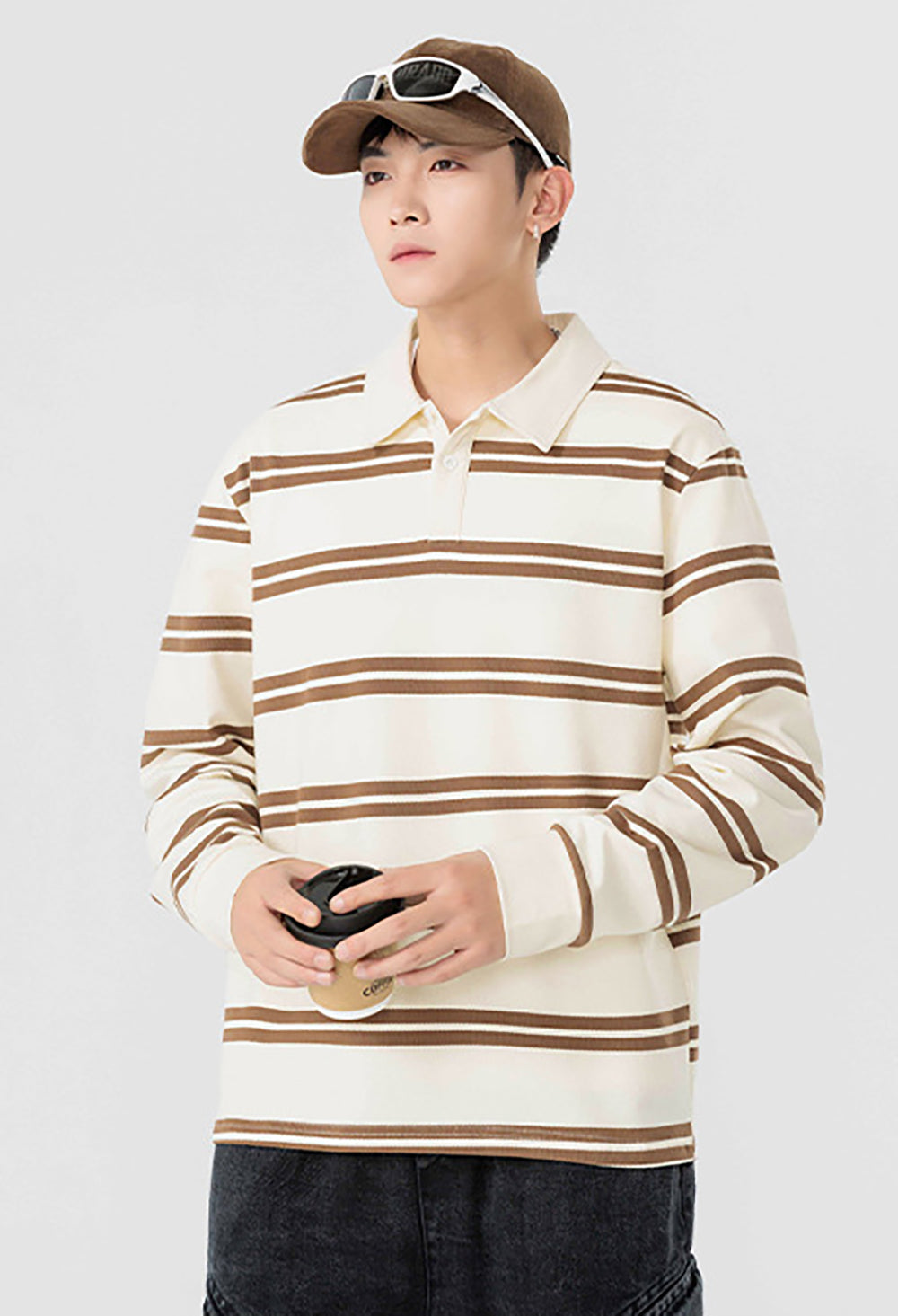 Men Striped Polo Collar Cotton Relaxed Fit T-shirt