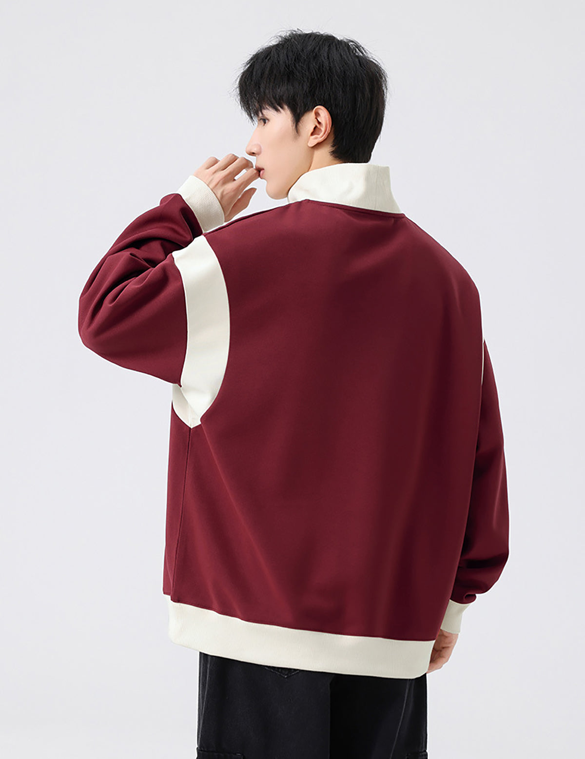 Men Colourblocked Mock Collar Pullover Sweatshirt