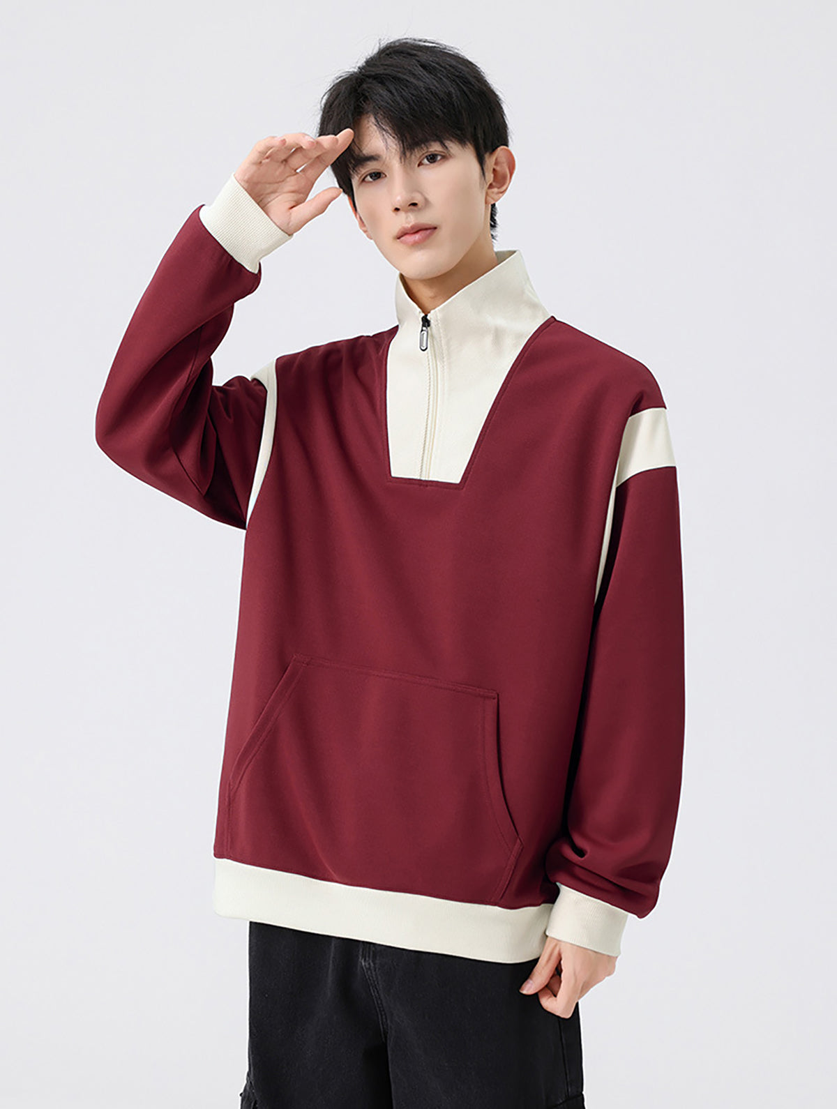 Men Colourblocked Mock Collar Pullover Sweatshirt