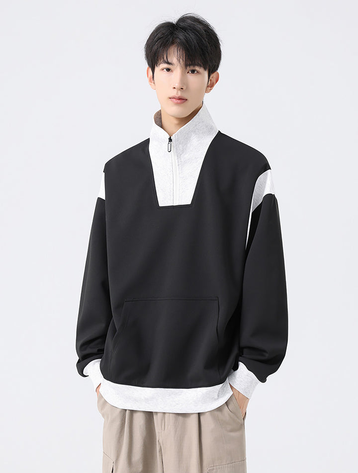 Men Colourblocked Mock Collar Pullover Sweatshirt