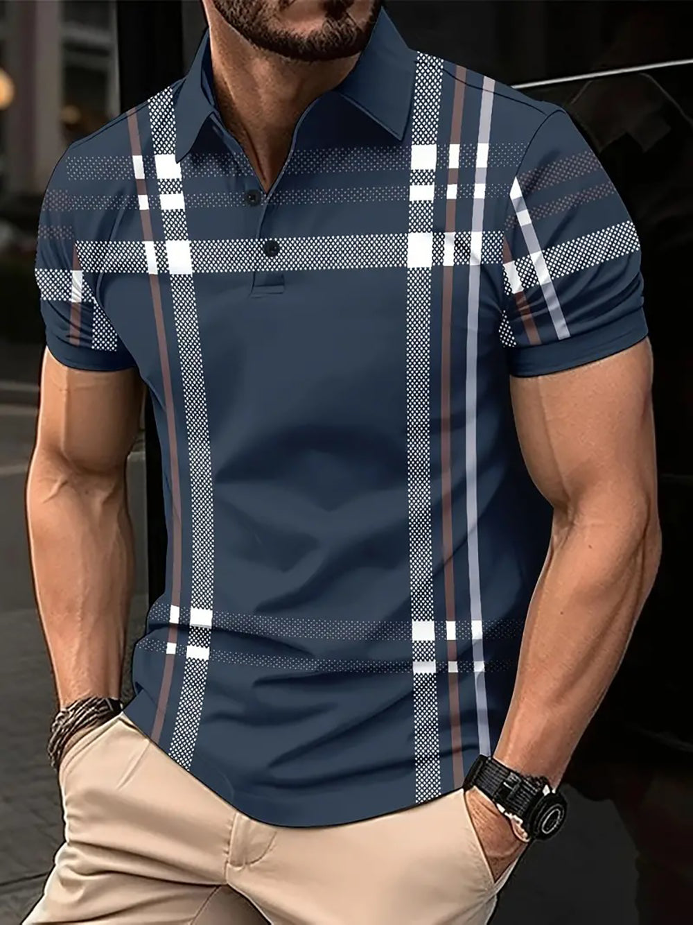 Men Navy Checked Polo T-shirt