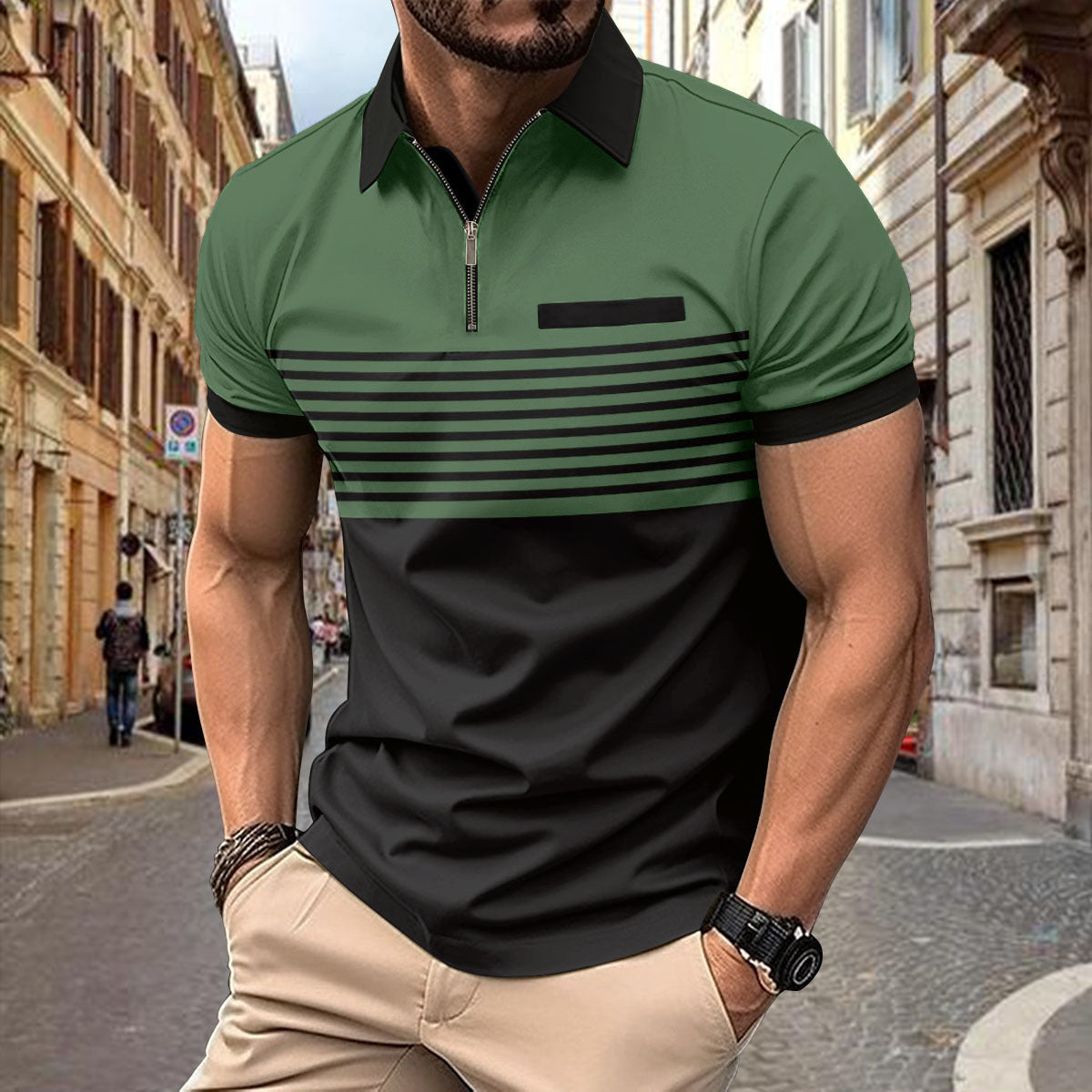 Men Striped Polo Collar Slim Fit T-shirt