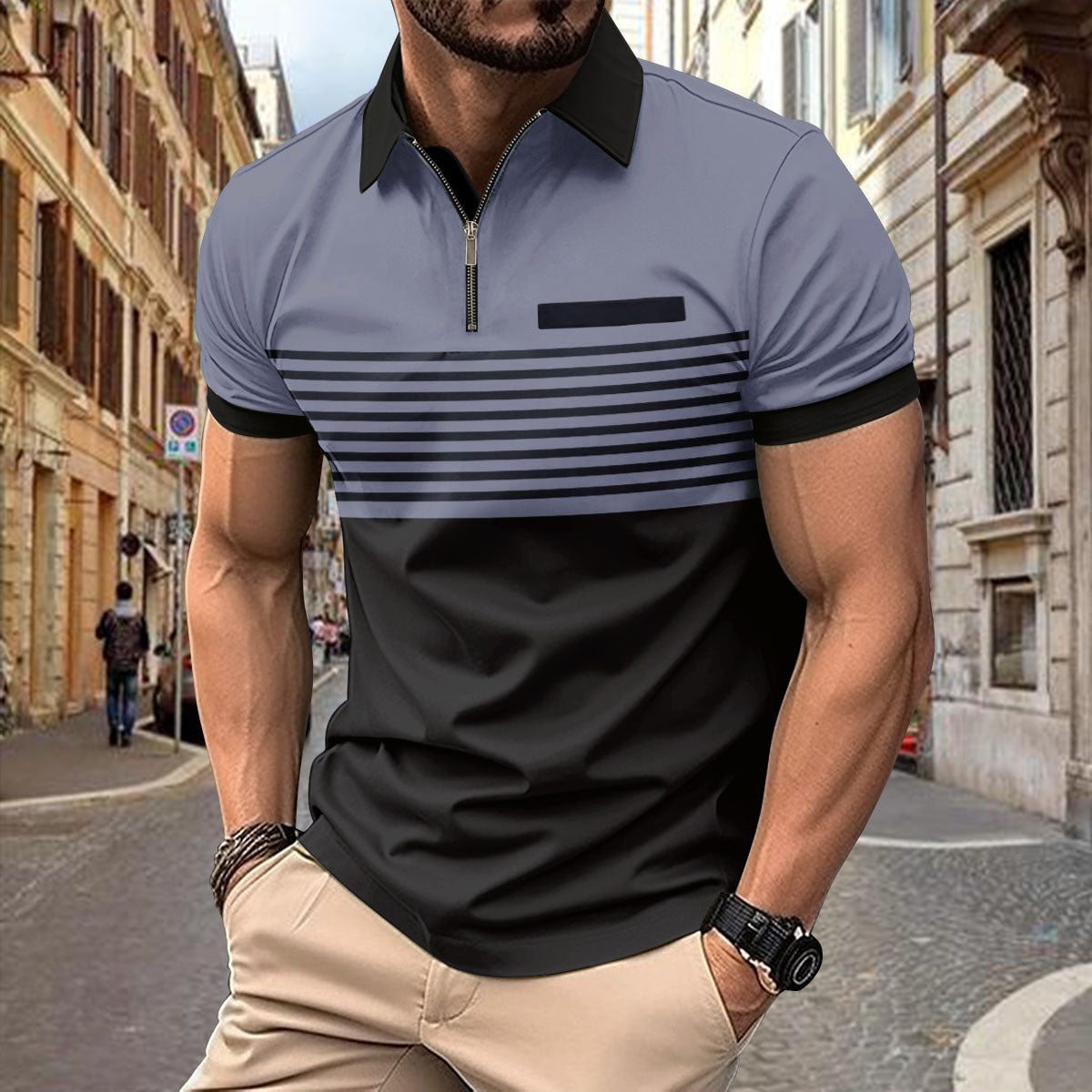 Men Striped Polo Collar Slim Fit T-shirt