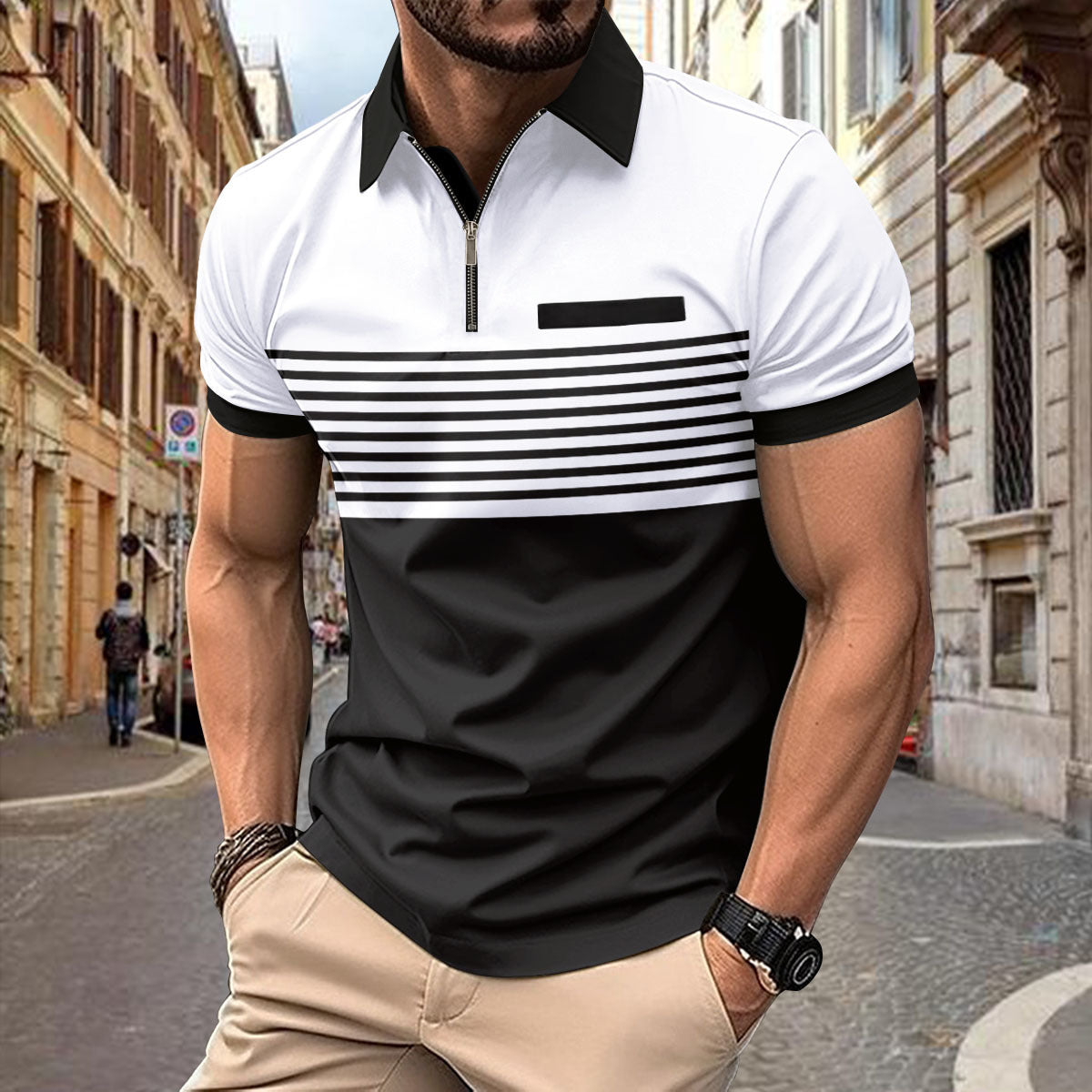 Men Striped Polo Collar Slim Fit T-shirt