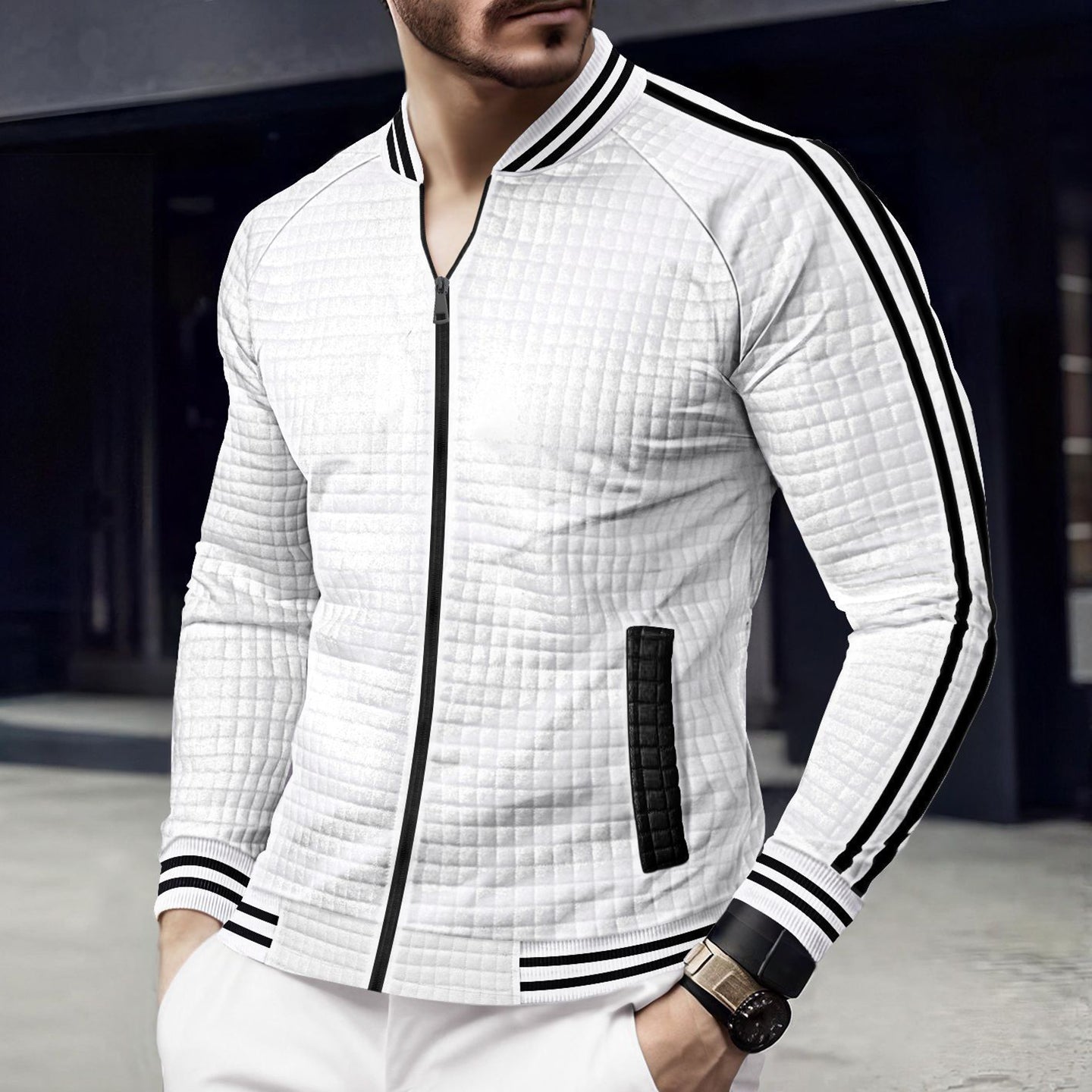 Men Stand Collar Striped Casual Rapid-Dry Bomber Jacket