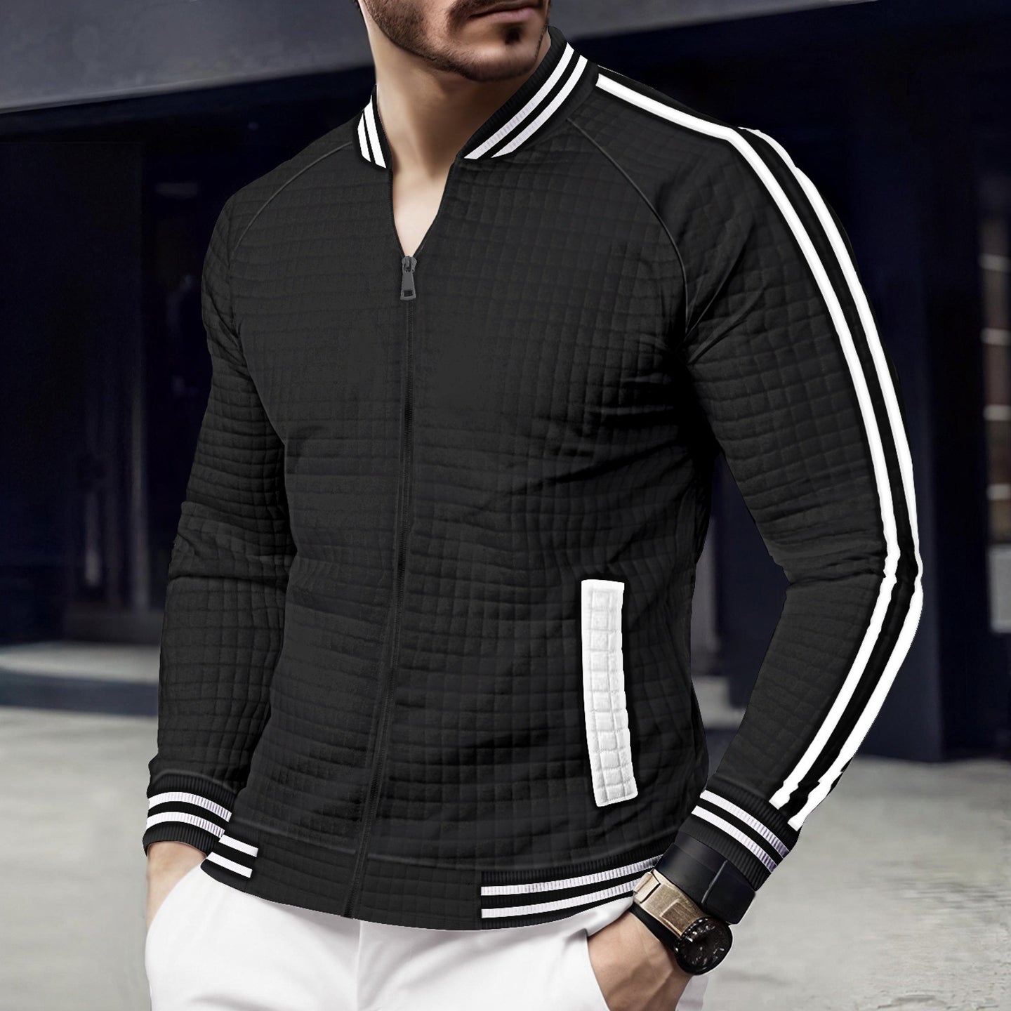 Men Stand Collar Striped Casual Bomber Jacket