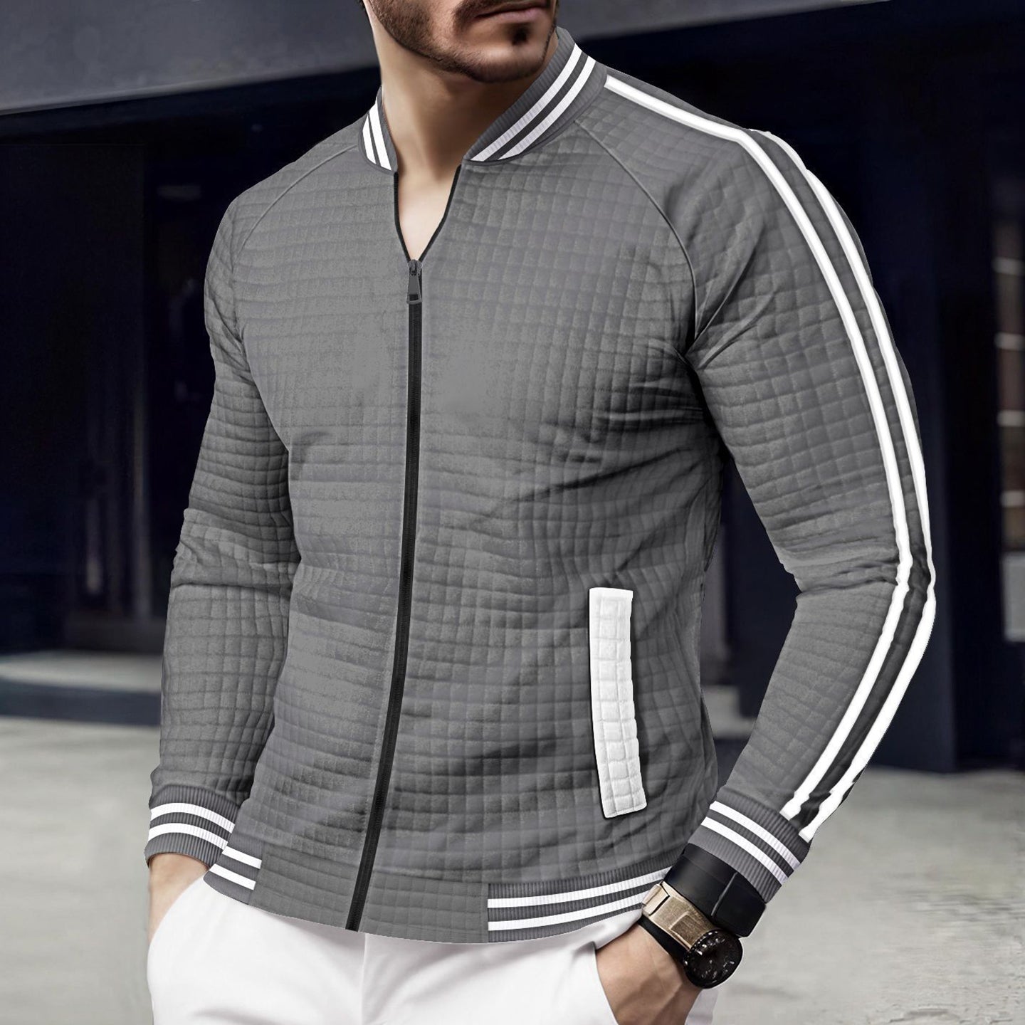 Men Checked Casual Bomber Jacket