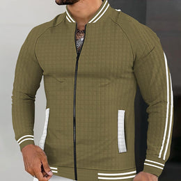 Olive & White Stand Collar Casual Bomber Jacket