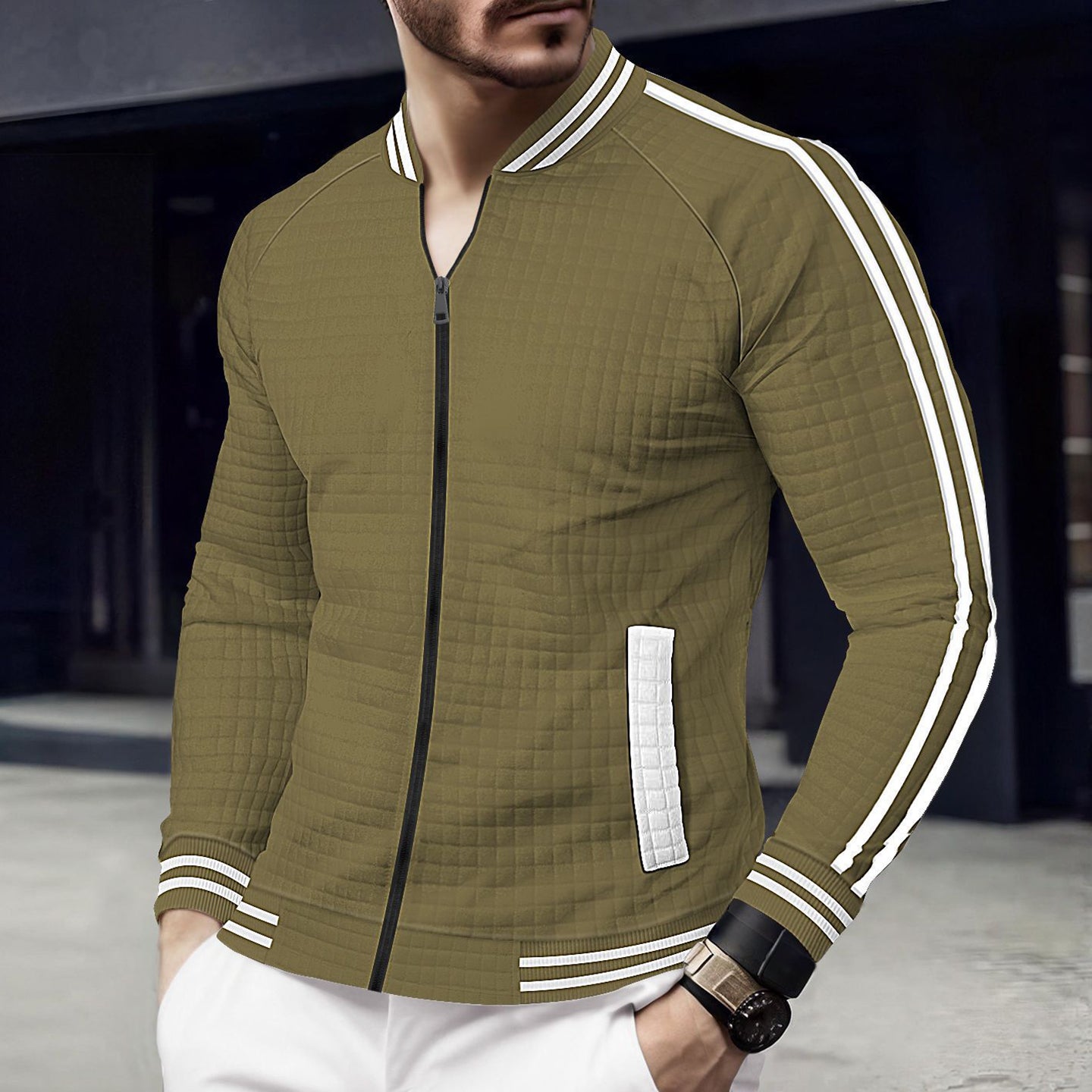Olive & White Stand Collar Casual Bomber Jacket