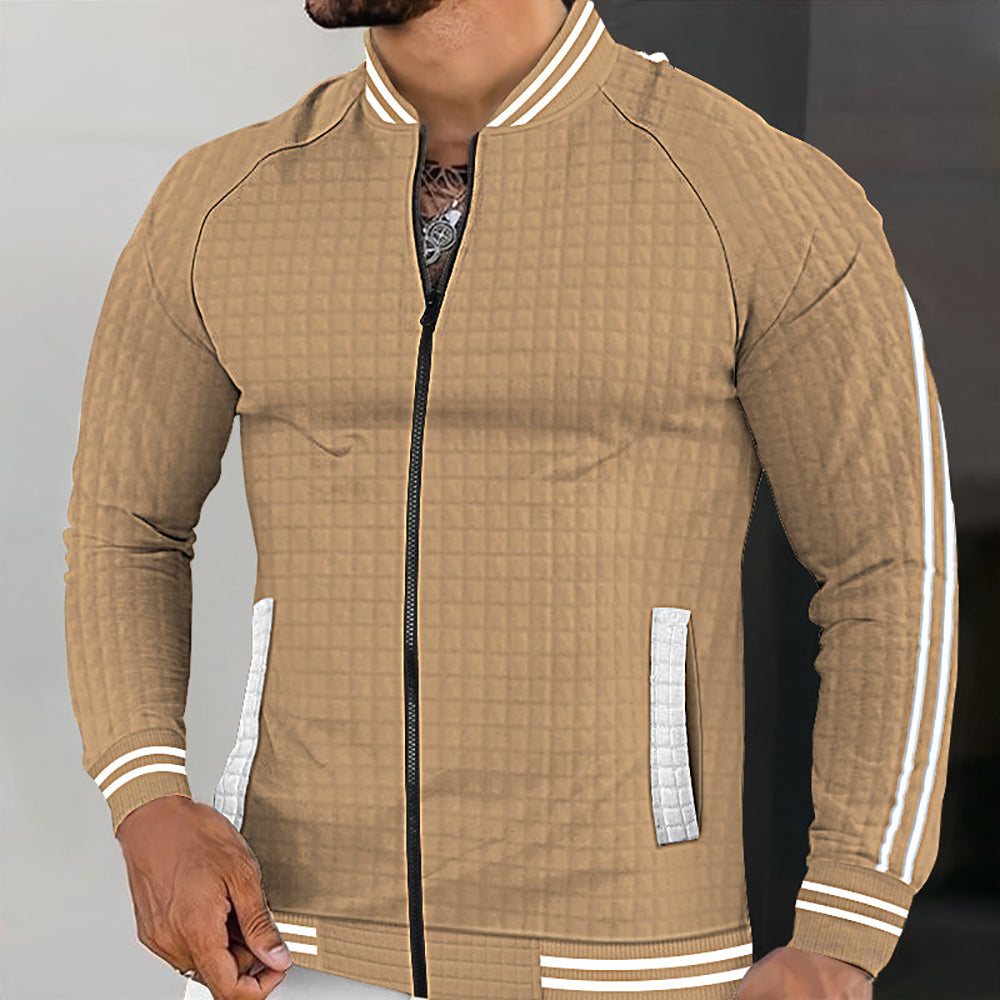 Men Checked Stand Collar Casual Bomber Jacket