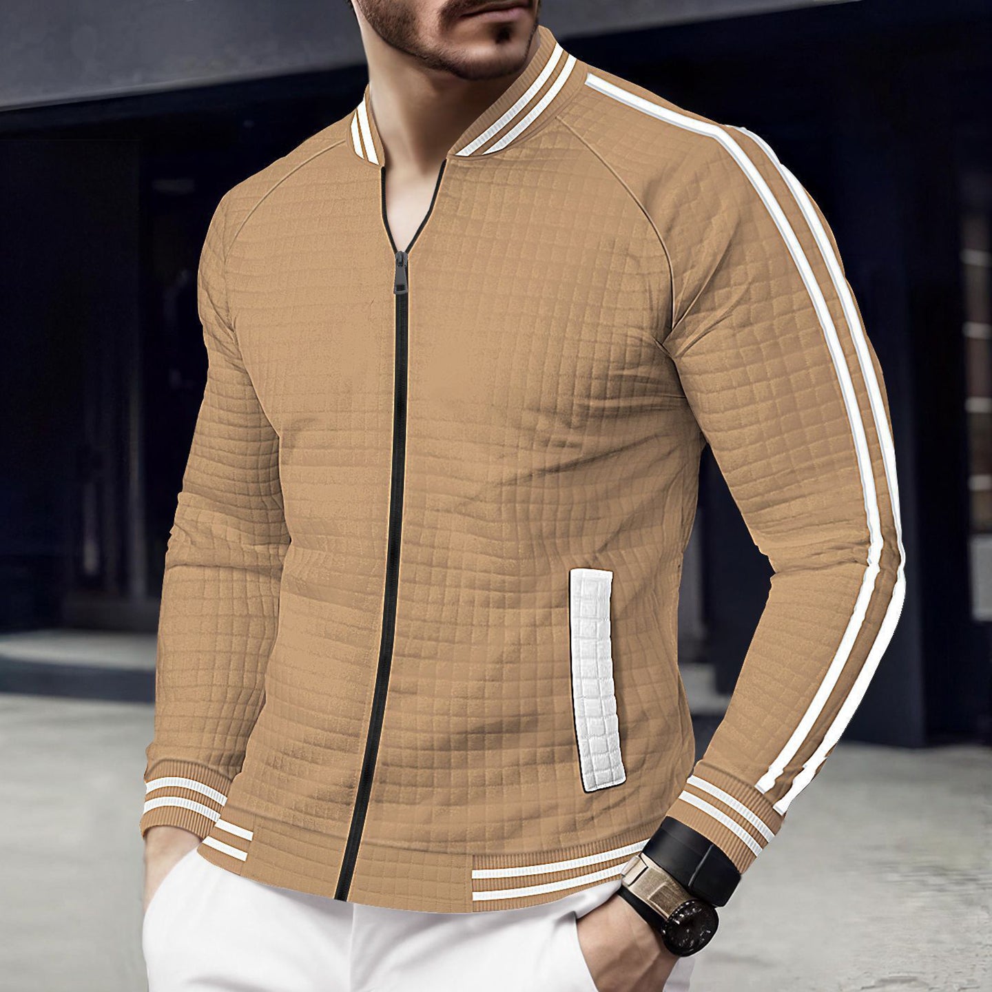 Men Checked Stand Collar Casual Bomber Jacket