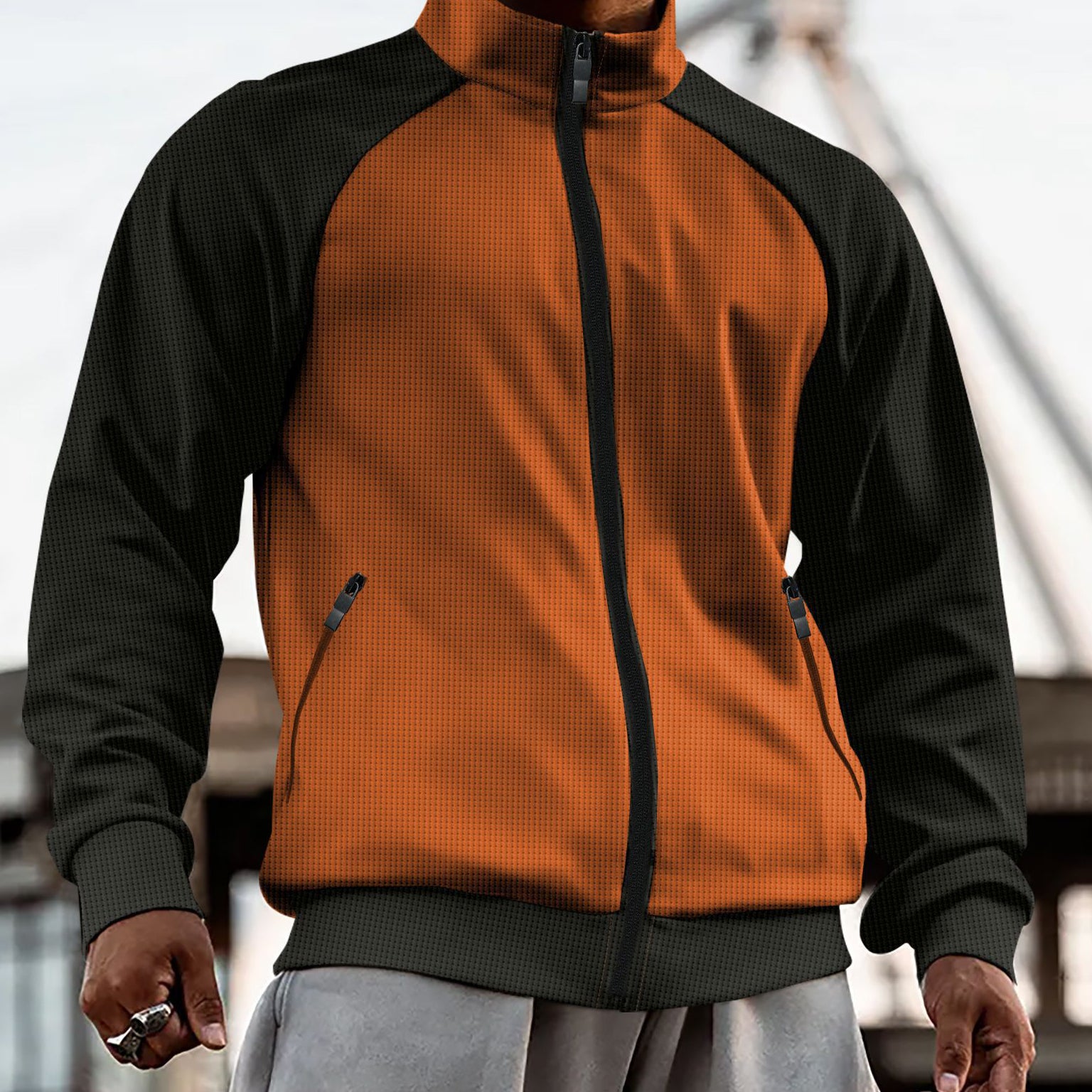 Men Mock Collar Colourblocked Casual Bomber Jacket