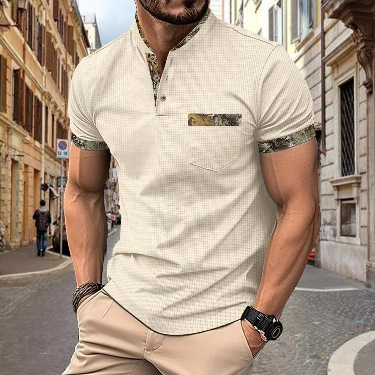 Short Sleeves Mandarin Collar T-shirt