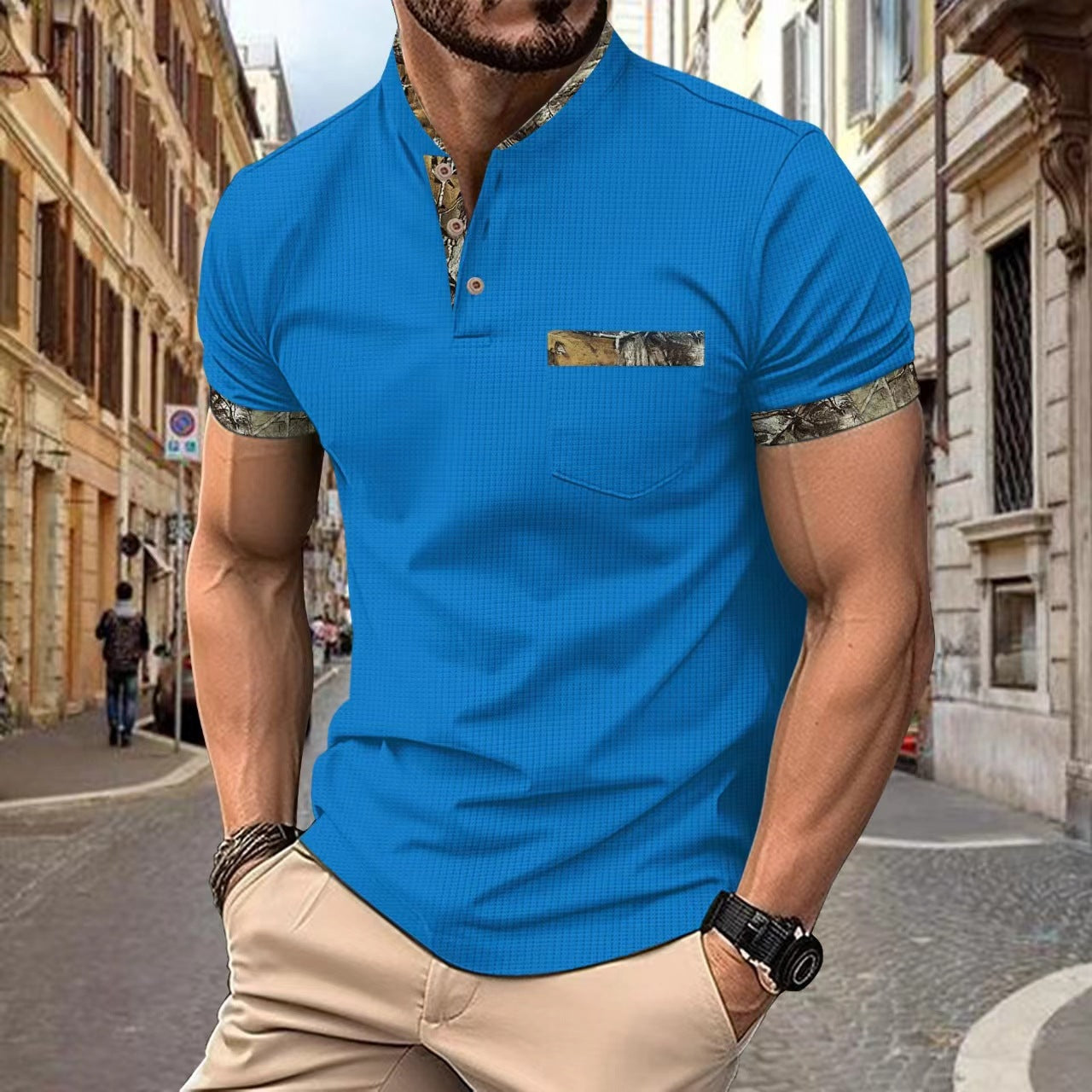 Short Sleeves Mandarin  Collar T-shirt