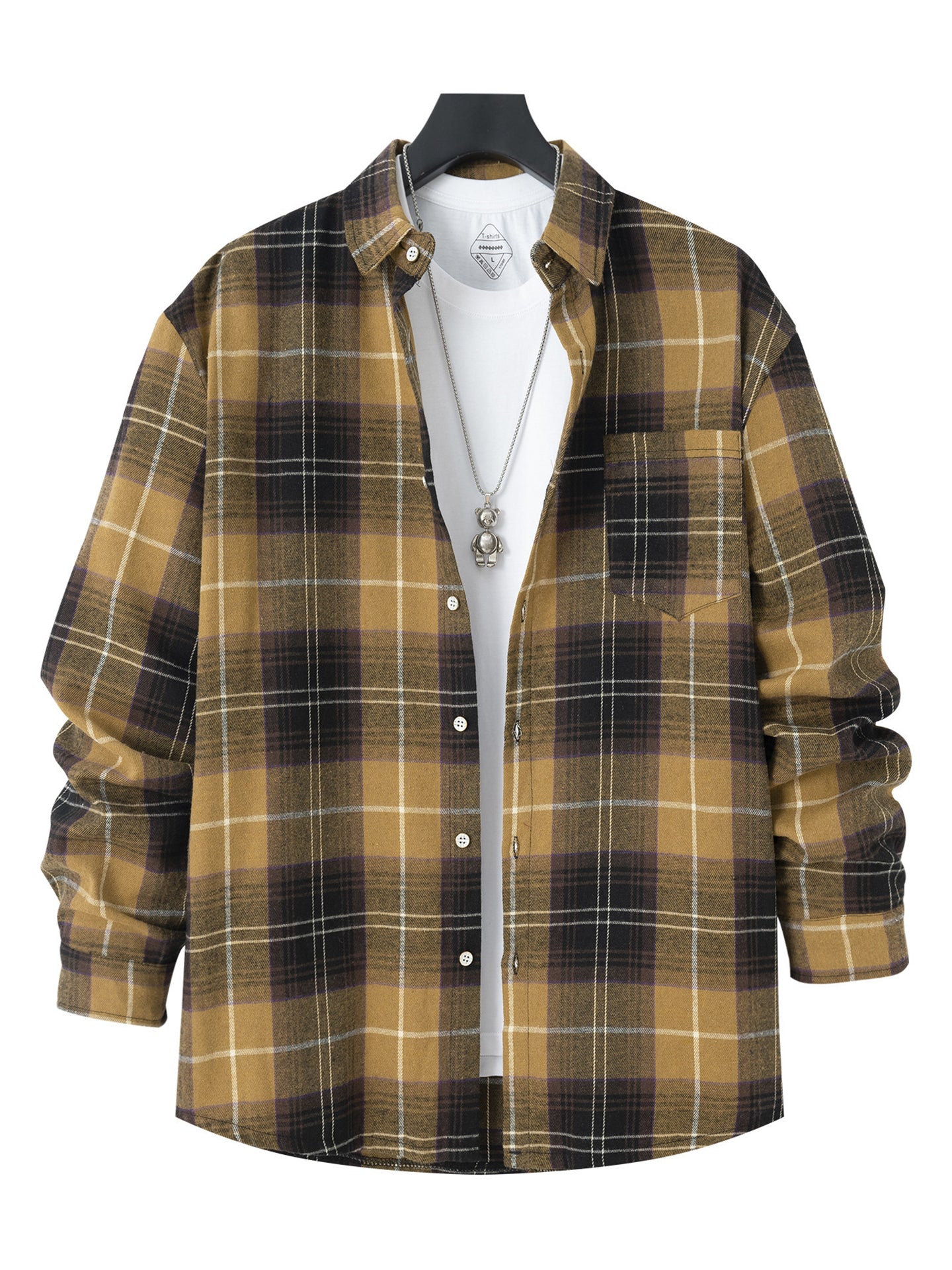 Men Speread Collar Tartan Checked Cotton Casual Shirt