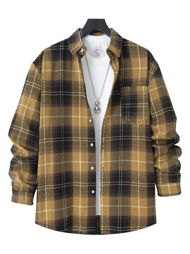 Men Speread Collar Tartan Checked Cotton Casual Shirt