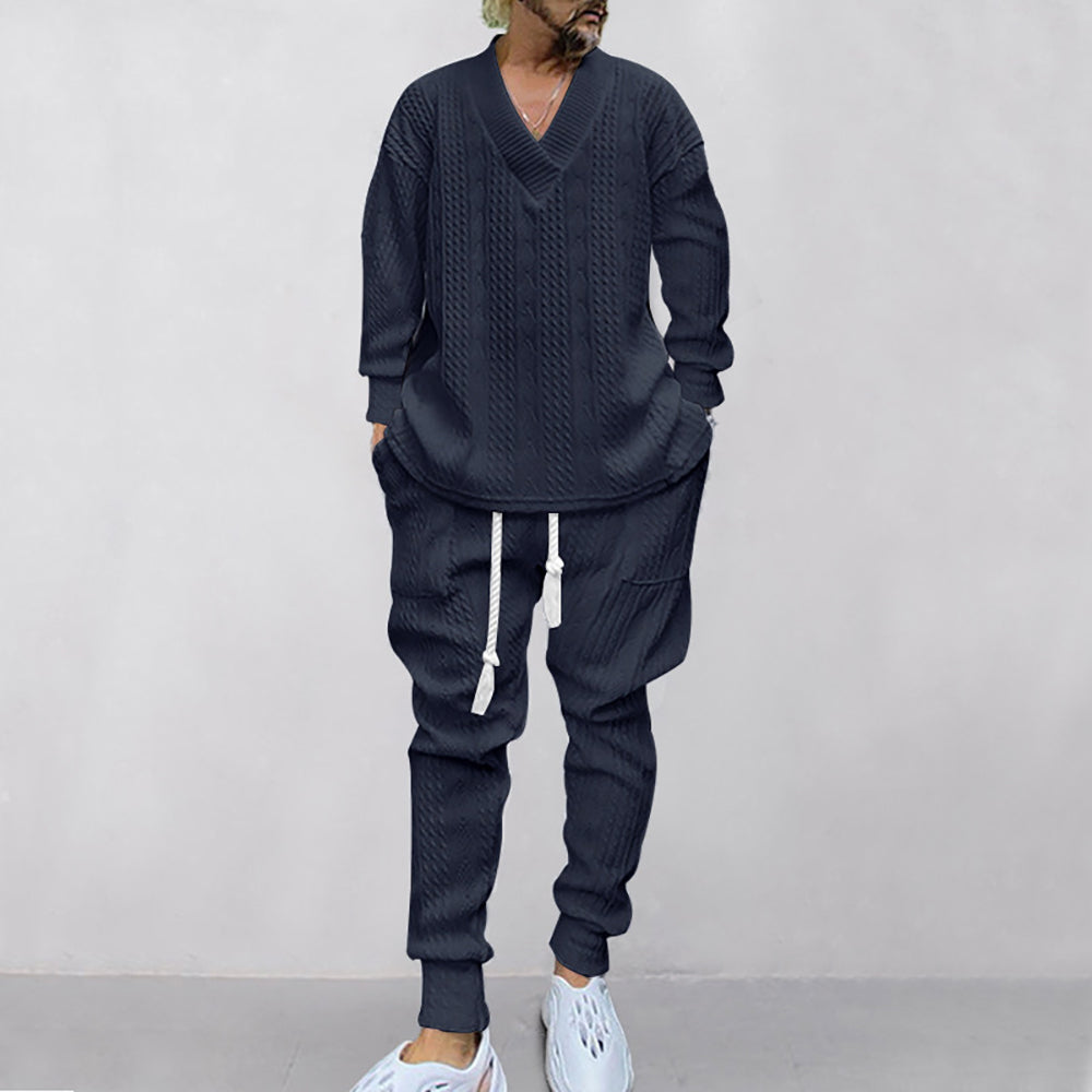Self Design V-Neck Long Sleeves Pure Cotton Sweatshirt With Jogger